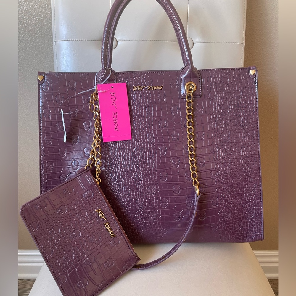 Cherry Betsey Johnson Skull Croc-Embossed Tote Handbag w/Zipper Wallet NEW